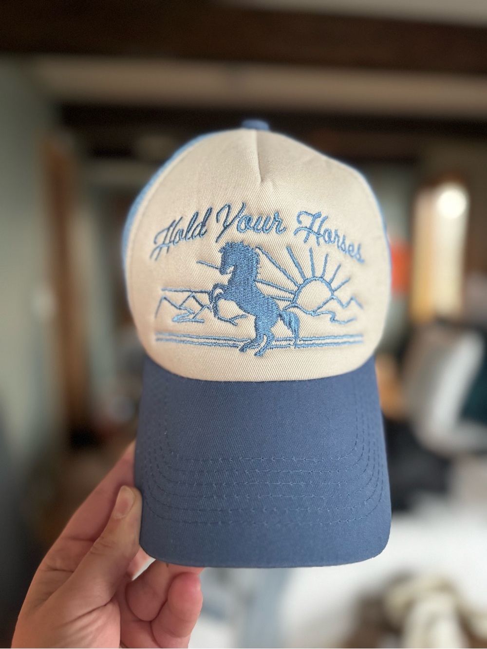 Hold Your Horses Blue and Cream Trucker Hat
